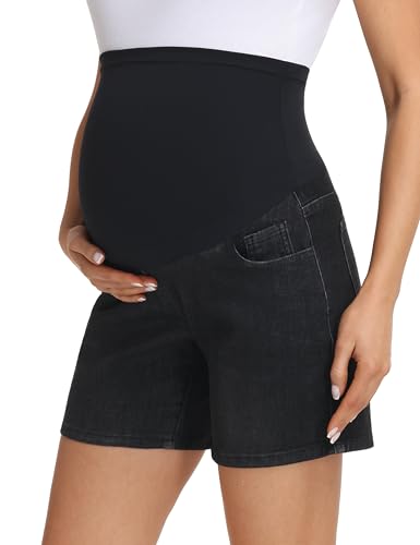 Foucome Women's Maternity Jean Shorts Over the Belly - color: Wash Black, size: Medium