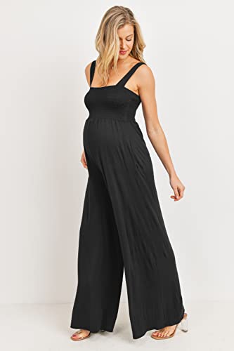 Women's Maternity Sleeveless Jumpsuit Romper with Smocked neck and pockets - color: Black, size: Medium