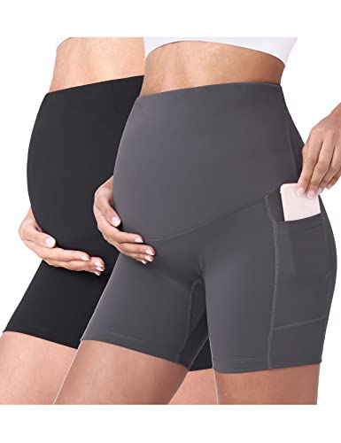 POSHDIVAH Maternity Biker Shorts Over the Belly with Pockets 5"/8" - color: Black Grey, size: X-Large