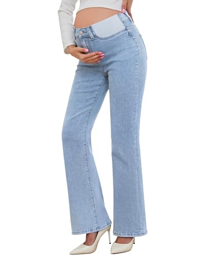 PACBREEZE Women's Maternity Flare Jeans Mid-Rise Stretchy Bell Bootcut Jeans Denim Pregnancy Pants, S-XXL - color: 02: Light Blue, size: Medium