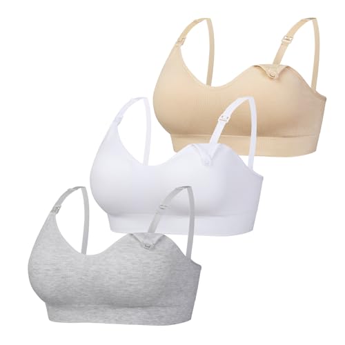 Women Seamless Nursing Bra 3 Pack Maternity Bra Breastfeeding - color: Skin/White/Grey, size: Medium