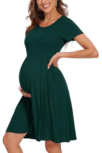 Women's Short Sleeve Maternity Dress Patchwork Pregnancy Clothes with Pockets - color: Deep Green, size: Large
