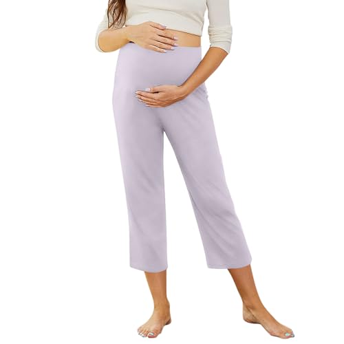 Maternity Capri Pants, Over The Belly Pregnancy Pants with Pocket - color: Light Purple, size: Small