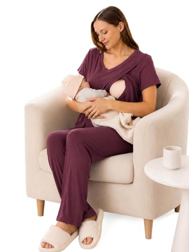 Rnxrbb V Neck Nursing Pajamas Set 3 Pack Postpartum Pjs Breastfeeding Sleepwear for Women Double Layer with Pockets,Deep Purple-L