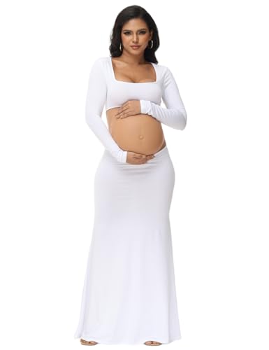 Women's Maternity Elegant Fitted Maxi Dress for Photoshoot - color: White, size: Medium