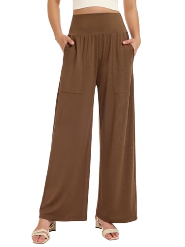 Wide Leg Pants Women Stretchy Sweatpants High Waisted Palazzo Pants - color: Brown, size: Medium