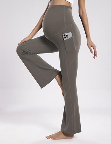 POSHDIVAH Maternity Flare Leggings with Pockets - color: Brown, size: Medium