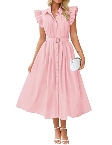 ZESICA Womens Summer Button Midi Dress Casual Work Dresses - color: Pink, size: Large