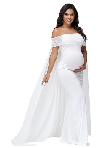 Maternity Mesh Off Shoulder Chiffon Cloak Maxi Photoshoot Dress - color: White, size: Medium