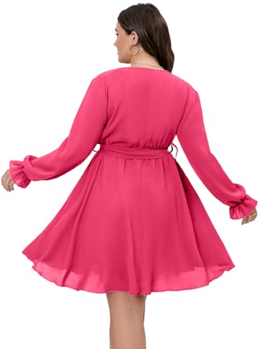 SCOMCHIC Women's Plus Size Long Sleeve Wrap V Neck A Line Mini Dress - color: Hot Pink, size: XX-Large Plus