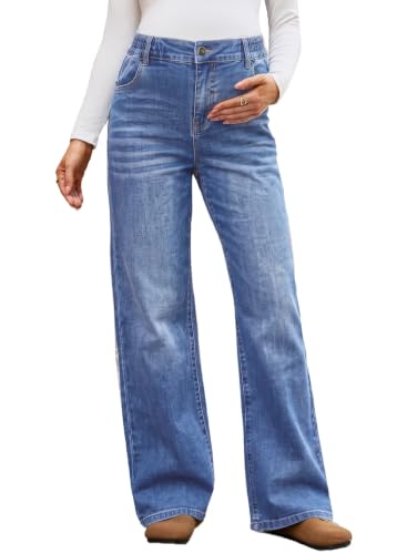 BLENCOT Women Wide Leg Elastic Waist Maternity Jeans with Pockets - color: Ashleigh Blue, size: Small