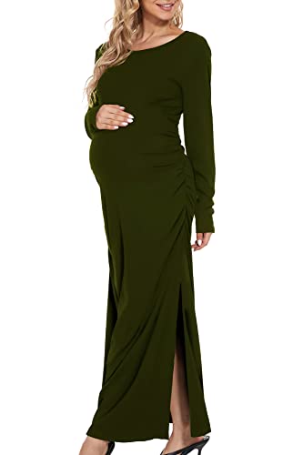 Smallshow Women's Ruched Long Sleeve Split Maternity Dress - color: Army Green, size: Large