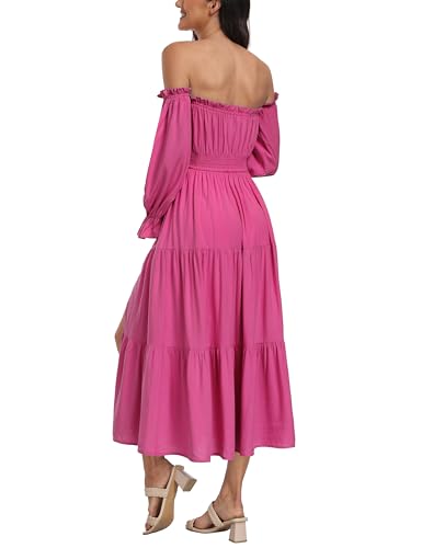 Boho Off Shoulder Maternity Dresses, Long Sleeve Side Split Flowy A Line Tiered Maxi Dress for Baby Shower Photoshoot - color: Rose, size: Medium