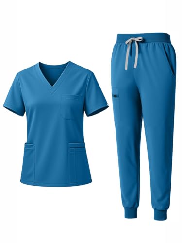 Scrubs for Women Set, V-Neck Top & Jogger Pants - color: Caribbean Blue, size: Large