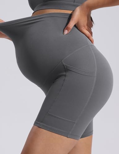 POSHDIVAH Creamluxe Maternity Biker Shorts with Pockets 6"/8" - color: Charcoal Gray, size: Medium