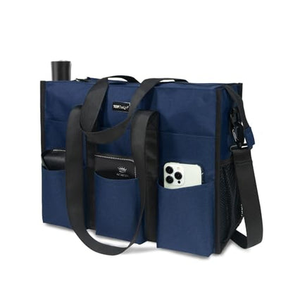 TOPDesign Utility Water Resistant Tote Bag with 22 Pockets, Zipper Closure - color: Blue, size: Medium