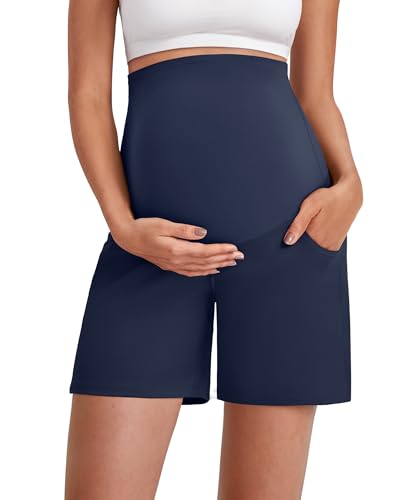 G4Free Maternity Shorts with Pockets Over The Belly Stretchy Pregnancy Yoga Pants Athletic Workout 6'' 10'' - color: Royal Blue, size: XX-Large