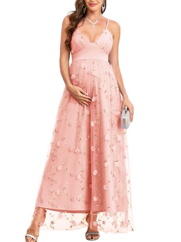 AISWI 3D Floral Maternity Maxi Dress V-Neck Tulle Spaghetti Strap A-Line Pregnancy Gown for Baby Shower Wedding Party - color: Blush Pink, size: XX-Large