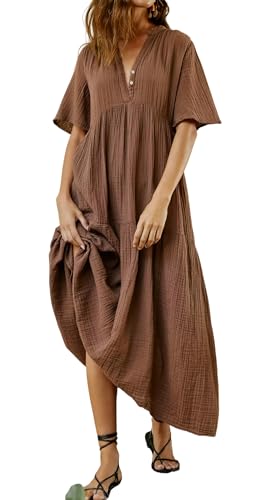 R.Vivimos Womens Summer Cotton Casual Flowy Maxi Dress - color: Brown, size: Small