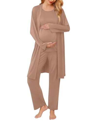 Ekouaer Maternity Pajamas Nursing Robe Set 3 Pieces Post Partum Lounge Sets - color: Khaki, size: Large