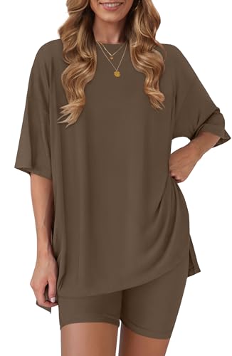 RUBZOOF Women 2 Piece Lounge Sets Summer Outfits Shorts Set - color: Coffee, size: X-Large