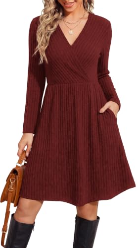 WIH0LL Womens Fall Dresses 2026 Long Sleeve Wrap Sweater Dress with Pockets - color: Wine, size: XX-Large