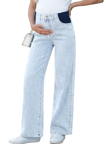 BLENCOT Maternity Jeans for Women Wide Leg Pregnancy Pants - color: Beau Blue, size: Medium