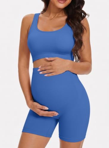 BLENCOT Maternity Workout Sets Pregnancy Yoga Ribbed Tank Tops with Bra - color: Blue, size: Medium