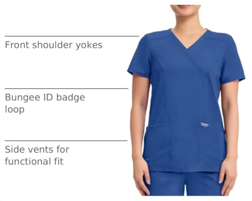 Cherokee Scrubs Top for Women Mock Wrap with 3 Pockets, Soft, 2-Way Stretch & Durable Fabric - WW610 - color: Galaxy Blue, size: Medium
