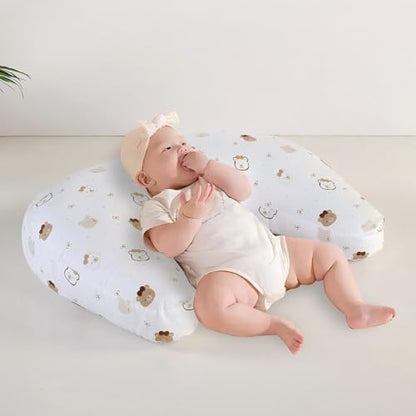 U-Shape Breastfeeding Nursing Pillow Set, 1 Insert and 2 Removable Covers - color: White & Brown Teddy Party
