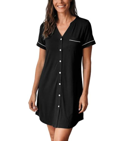 GYS Bamboo Viscose Nightgowns for Women Soft Button Down Sleep Shirt - color: Black, size: Medium