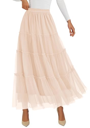 PRETTYGARDEN Women's Fall Soft Tulle Tiered Long Skirt - color: Beige, size: Medium
