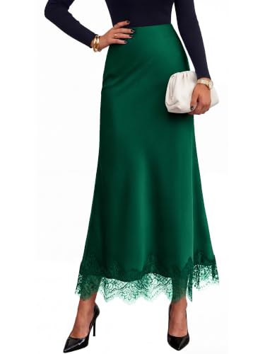 BTFBM Lace Trim Satin Skirts for Women Elegant - color: Dark Green, size: Medium