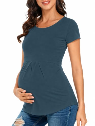 Glampunch Maternity Tops, Front Pleat Peplum Tunic Top Pregnancy Shirts - color: A4 Navy, size: Small