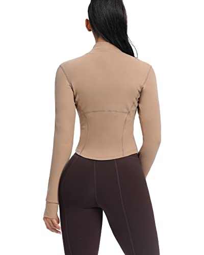 AVGO Women's Cropped Running Workout Jackets Zip Slim Fit Athletic Tops with Thumb Holes - color: Cream Coffee, size: Small