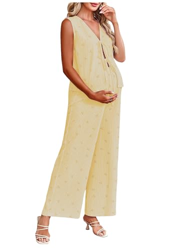 MakeMeChic Women's Maternity Summer 2 Piece Outfits Pregnancy Boho Vacation Striped Bow Top and Pants Set - color: Light Yellow, size: Medium