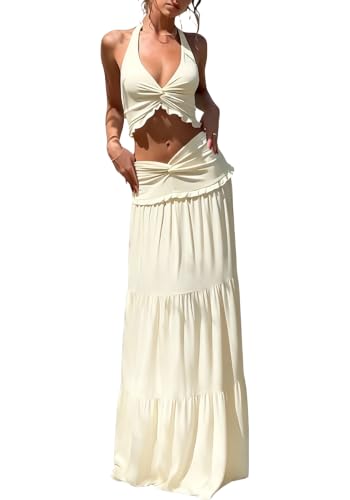 Famnbro Womens 2 Piece Skirt Sets Y2k Halter Top Flowy Ruffle Maxi Skirts - color: Apricot, size: X-Large