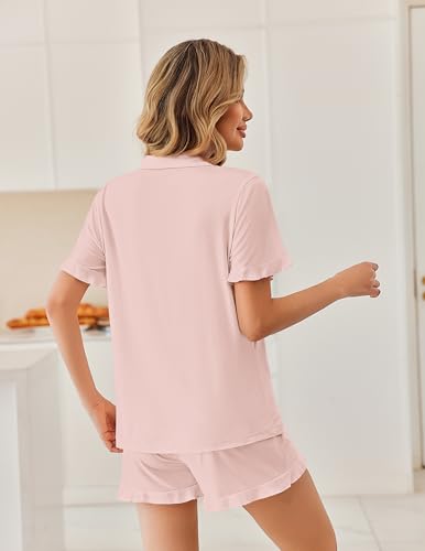 Ekouaer Pajamas Set for Women Button Down Pjs Lounge Sets Ruffle Sleepwear - color: Pink, size: Small