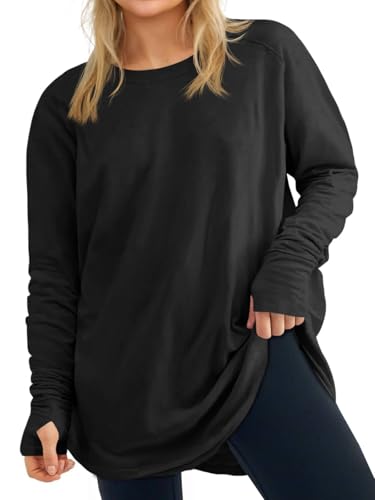 Womens Plus Size Long Sleeve Tunic Tops Crew Neck Oversized Fit T Shirts - color: Black, size: X-Large