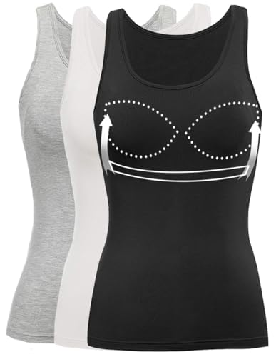 Tank Top with Built in Bra Cup for Women Casual Wide Strap Sleevless Layer Camisole Yoga Top Pack S-3XL - color: Black - White - Grey, size: Medium