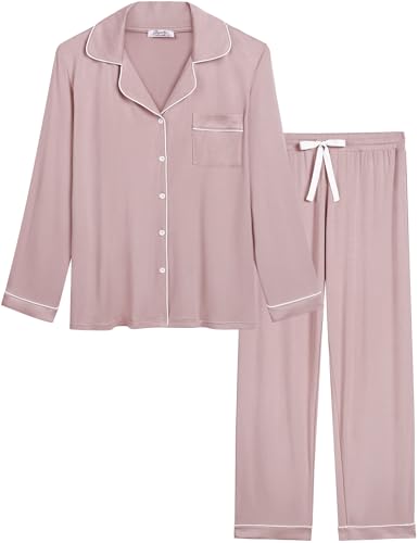 Joyaria Women's Cooling Bamboo Viscose Pajama Set Long Sleeve Button Front - color: Blushing Pink, size: X-Large