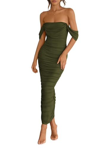 PRETTYGARDEN Womens Off Shoulder Maxi Wedding Guest Dress - color: Army Green, size: Large