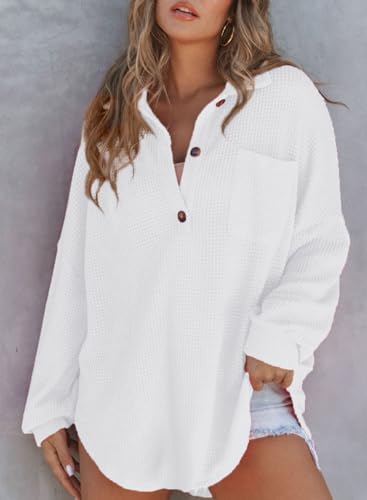 Astylish Women Waffle Knit Tops Henley Shirts - color: White, size: Small