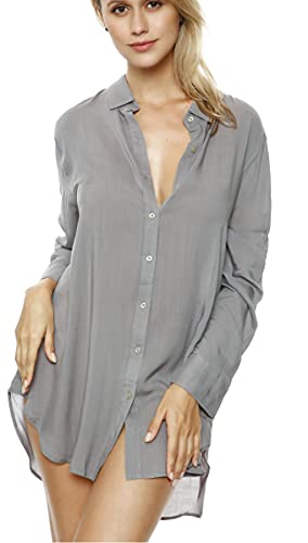 TOUSYEA Soft Women's Sleepshirt Oversized Button Down Swimsuit Cover Ups - color: Grey, size: Small