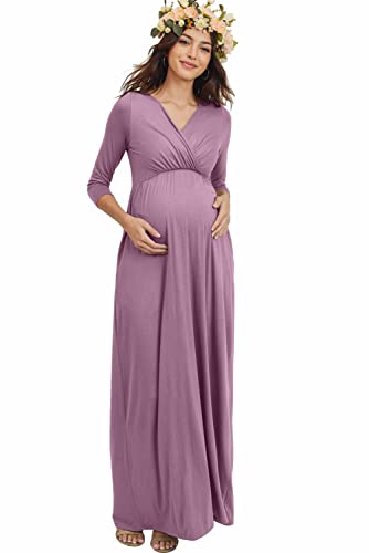 LaClef Women's Wrapped Ruched Maternity Dress with Pocket - color: Mauve, size: Large