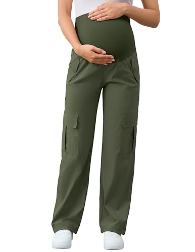 AMPOSH Women's Maternity Cargo Pants with 6 Pockets Quick-Dry Pregnancy Hiking Pants - color: Olive, size: Medium