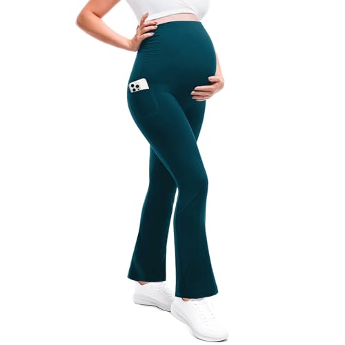 Leafigure Maternity Flare Leggings with Pockets - color: Teal, size: Medium