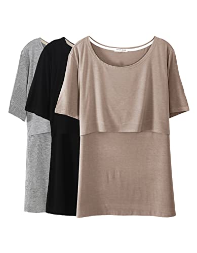 Smallshow Women's Maternity Nursing Tops Short Sleeve Breastfeeding Clothes - color: Brown/Black/Grey, size: Medium