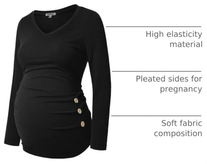 GINKANA Maternity Shirt Long Sleeve Basic Top Ruch Sides Buttons Tshirt for Pregnant - color: Black, size: Small