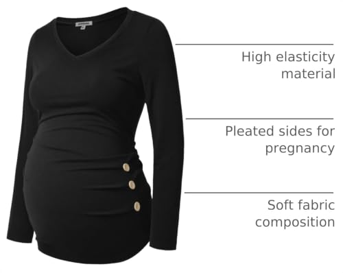 GINKANA Maternity Shirt Long Sleeve Basic Top Ruch Sides Buttons Tshirt for Pregnant - color: Black, size: Medium